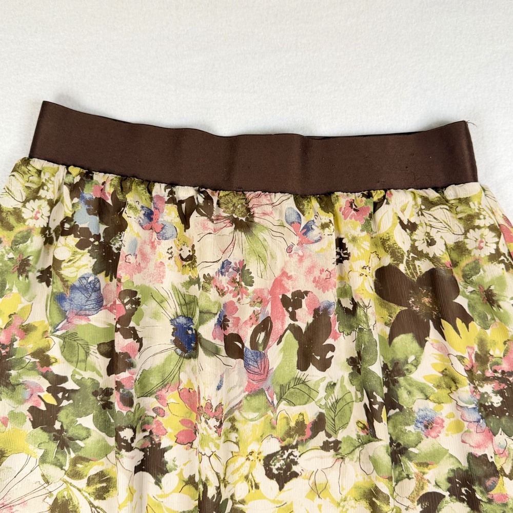 Liz Claiborne Floral Midi Skirt Brown Elastic Waist Chiffon Lined Green Pink M - Picture 2 of 8